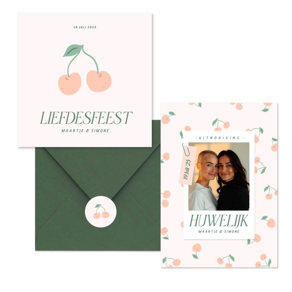 Trouwset met vrolijke kersjes in oranje roze en groen