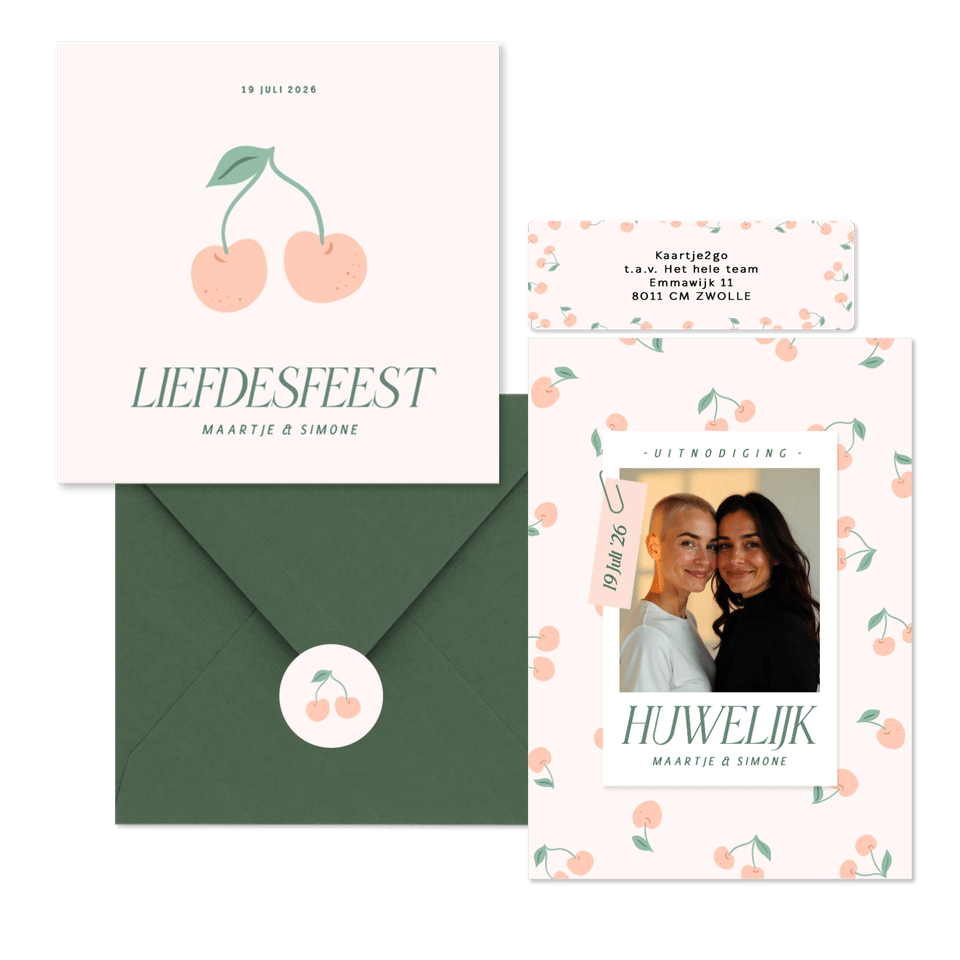 Trouwset met vrolijke kersjes in oranje roze en groen