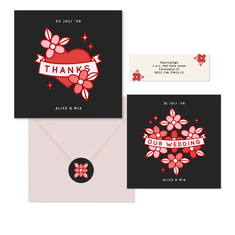 Trouwset met rode en roze bloemen tattoo