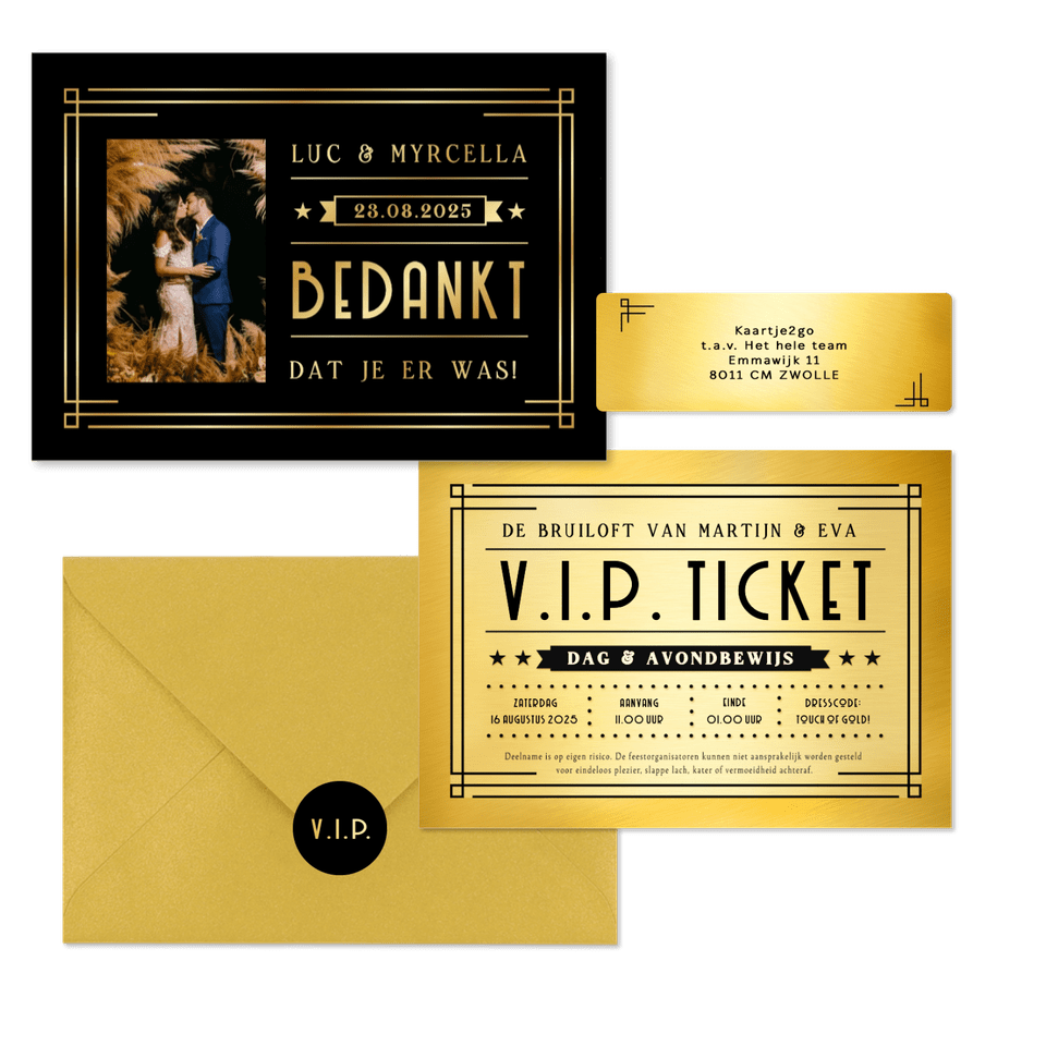 Trouwkaartenset VIP ticket goud