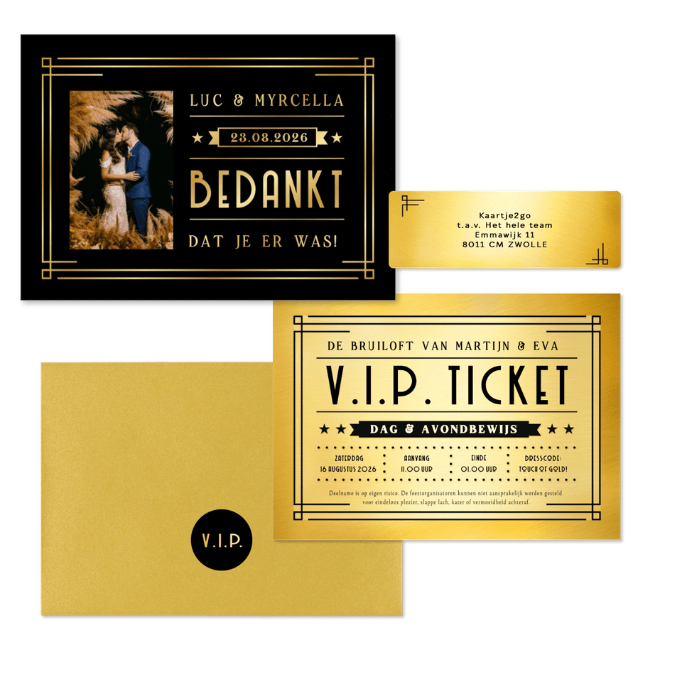 Trouwkaartenset VIP ticket goud