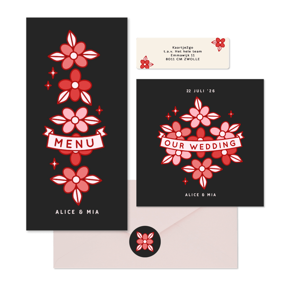 Trouwset met rode en roze bloemen tattoo