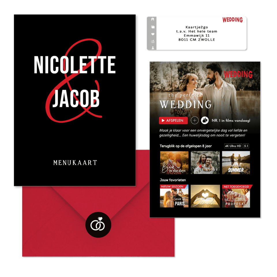 Grappige trouwset in romantische film stijl