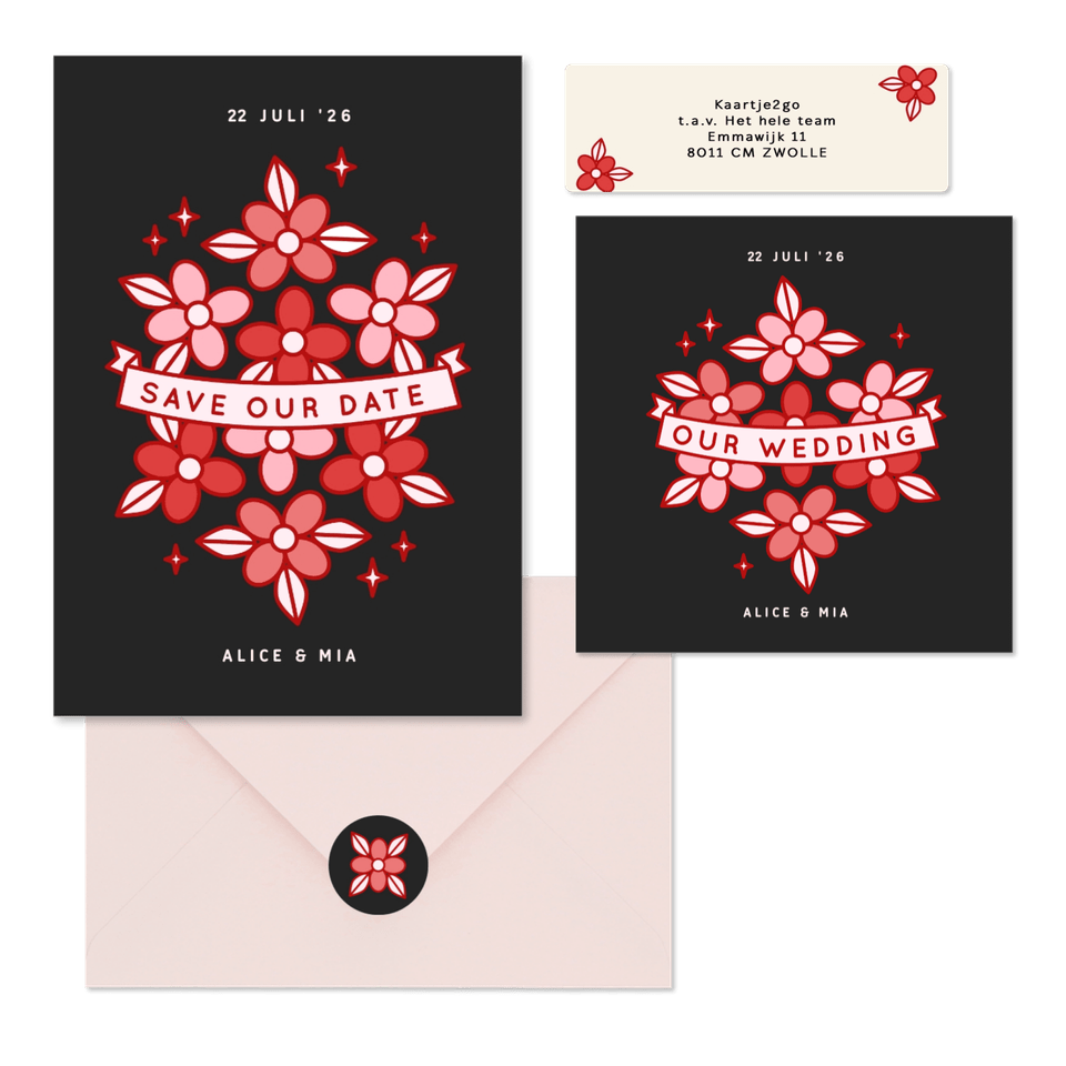 Trouwset met rode en roze bloemen tattoo